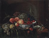 Still Life with Fruit in a Wan-Li Bowl label QS:Len,"Still Life with Fruit in a Wan-Li Bowl" label QS:Lnl,"Stilleven met Chinese kom, fruit en oesters" . 1651. oil on panelmedium QS:P186,Q296955;P186,Q106857709,P518,Q861259. 31.5 × 39.8 cm (12.4 × 15.6 in). Present whereabouts unknown.