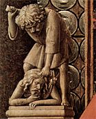 Détail d'une gravure sur la gauche du trône de la Vierge, montrant Caïn tuant Abel