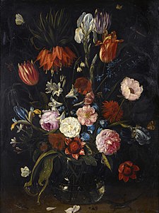 A still life of flowers, a lizard and insects