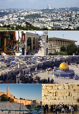 De la stânga sus : Vedere aeriană a Ierusalimului din Givat ha'Arba, Mamilla, Orașul Vechi și Cupola Stâncii, bazar în Orașul Vechi, clădirea Knessetului, Zidul de Vest, Turnul lui David și zidurile Orașului Vechi.