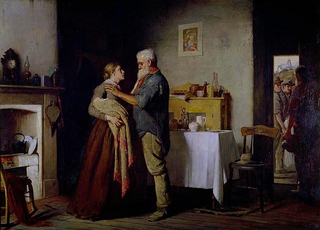 Breaking the News, painted by Australian artist John Longstaff in 1887, depicts a miner informing a widow of her husband's death in a mining accident.