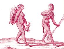 A male hunter and a female gatherer of the Kali'na people of Guyana, drawn by Pierre Barrere in 1743. Generous sharing by male hunters may serve as a "costly signal", helping them to acquire mates. Kalina hunter gatherer.jpg