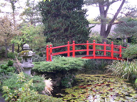 Japanese Garden, Tully, County Kildare. Red lacquered arched bridges are Chinese in origin and seldom seen in Japan, but are often placed in Japanese-style gardens in other countries.[85]