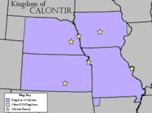 A map of the Kingdom of Calontir. Stars indicate the location of baronies. Kingdom of Calontir.png