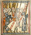 Miniature depicting the First Crusade from a manuscripts of Histoire d'Outremer (dated 1287). The image shows Godfrey of Bouillon and Adhemar of Le Puy. Godfrey is displaying the arms of Lorraine, a bend gules with three alerions argent. Adhemar is wearing a bishop's mitre and displaying a crescent on his shield.