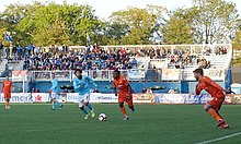 A game between Forge FC and HFX Wanderers FC during the 2019 CPL season Kwame Awuah and Juan Diego Gutierrez - HFX Wanderers FC vs. Forge FC.jpg