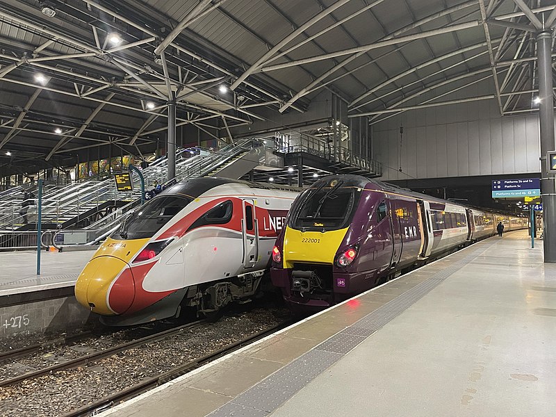 File:LNER 801 and East Midlands Railway 222001 at Leeds.jpg