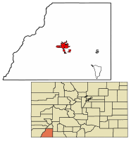 Location of Durango in La Plata County, Colorado.