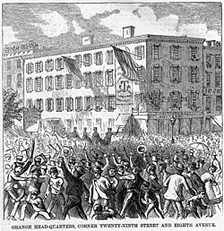 Lamartine Hall, at the corner of Eighth Avenue and 29th Street, on the day of the riot. Lamartine Hall Orange headquarters.jpg