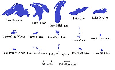 Scale depiction of the 15 largest lakes in the US Largest US Lakes.jpg