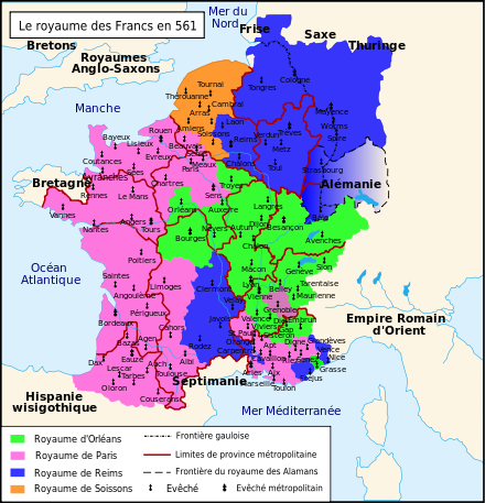Partition of Chlothar's kingdom, 561; Charibert's realm in pink