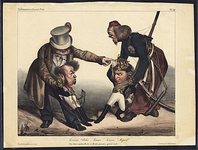 A contemporaneous cartoon, showing the conflict between the Two Brothers, as children, supported and instigated, respectively, by the French King Louis Philippe I, representing the liberal side, and Czar Nicholas I of Russia, representing the anti-liberalist Holy Alliance[2]