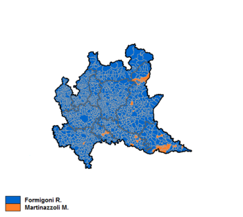 Election results map. Orange denotes municipalities won by Martinazzoli and Blue denotes those won by Formigoni. Lombardia 2000 Coalizioni.png