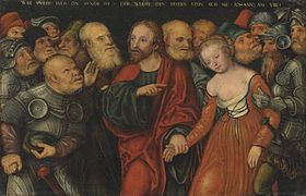 Cristu y l'adúltera, de Lucas Cranach el Mozu (ca. 1530-1550).