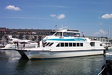 Commuter boat from Quincy approaching the dock at Long Wharf (service from Quincy was discontinued in 2013) MBTA boat 2.JPG