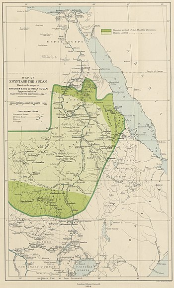 Примерная территория Махдистского Судана в 1894 году (светло-зелёный) и приблизительные максимальные пределы (темно-зелёный)