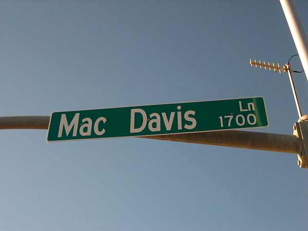 Mac Davis Lane intersects Avenue Q (U.S. Highway 84) in Davis's hometown of Lubbock.