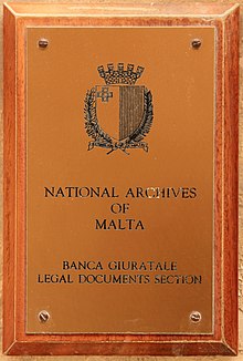 Sign of the National Archives at the Banca Giuratale Malta - Mdina - Triq Villegaignon - National Archives 04 ies.jpg