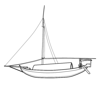 Sketch of a beached Mandarese lambo in Pare Pare. The hull is pajala, the structure at the stern is not an ambeng. The sail used is nade sail. Mandar lambo in Pare pare.png