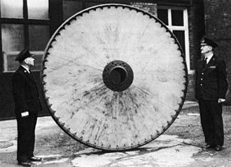Allied inspection posing with one of the wheels of the incomplete Mannessmann triplane, 1919 Mannesmann Poll Wheel.jpg