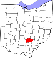 Kort over Ohio med Hocking County markeret