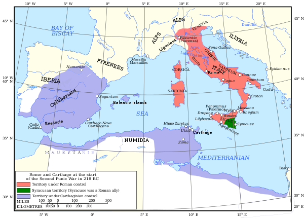 A map of the western Mediterranean showing territory controlled by Carthage and Rome in 218 BC