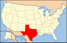 The location of the state of Texas in the United States of America Map of USA TX.svg