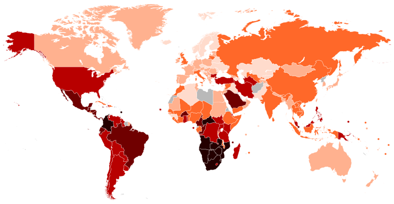 World map of income inequality Gini coefficients by country