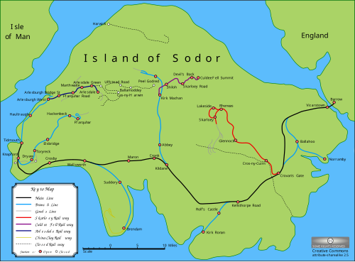 A map of the Island of Sodor showing the railway system - the Arlesdale Railway is shown in dark blue, on the left hand side of the map. Maps-sodor-railways-amoswolfe.svg