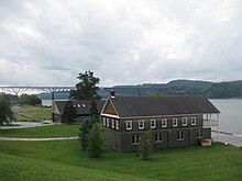 Cornell (foreground) and Marist boathouses with Poughkeepsie Bridge in distance Marist Campus 005.jpg