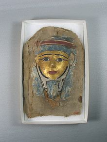 Mask from a coffin. Middle Kingdom (12th or 13th Dynasty, c. 19th century BCE). Cartonnage, 37.1387E, Brooklyn Museum Mask from a Coffin. Cartonnage,37.1387E.jpg