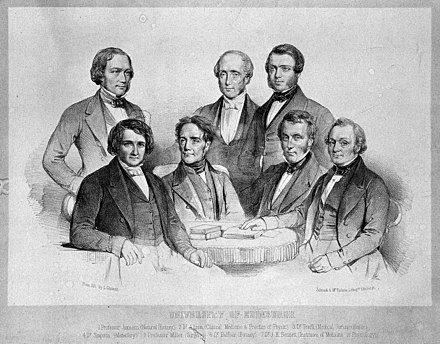 Members of the medical faculty at Edinburgh in the first half of the 19th century. Seated (L–R): J. Y. Simpson, J. Miller, J. H. Balfour and J. H. Bennett. Standing (L–R): R. Jameson, W. Alison and T. S. Traill.
