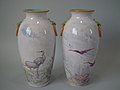 Vases, 1869, rare combination of fine-painted tin-glaze and coloured glazes handles, rim and interior.