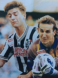 Striker Damian Mori (left) remains Adelaide City's all-time top goalscorer and the most prolific marksman in Australian national competition. Mori Schwarzer.jpg