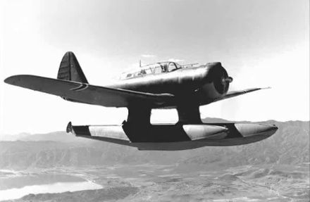 Northrop N-3PB carrying out a test flight over Lake Elsinore, California, c. 1940-1941 N-3PB in Canada.jpg