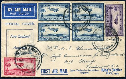 1935 First flight cover from New Zealand to England with three denominations of airmail stamps paying the 2 shilling and 4 pence rate