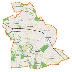 Mapa konturowa gminy Nałęczów, na dole nieco na lewo znajduje się punkt z opisem „Nałęczów”