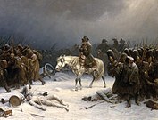 Pintura de Napoleão e suas tropas no inverno se retirando de Moscou