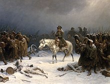 Obraz. Odwrót wojsk Napoleona z Rosji. Zima, Napoleon na koniu, wokół niego piesi żołnierze. Wszyscy zmęczeni i zmarznięci, na ziemi leżą też trupy.