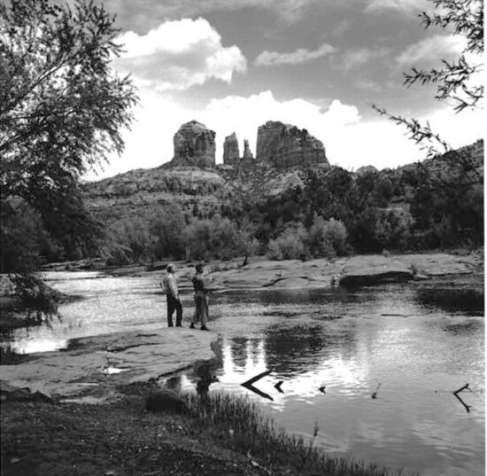 Fishing in Oak Creek, Cathedral Rock in background, 1959.