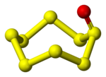 Ball-and-stick model of cyclooctasulfur monoxide,
S8O Octasulfur-monoxide-3D-balls.png