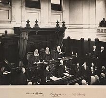 The first Chief Justice of Australia, Sir Samuel Griffith, is administered the judicial oath at the first sitting of the High Court, in the Banco Court of the Supreme Court of Victoria, 6 October 1903. Opening hca melb.jpg
