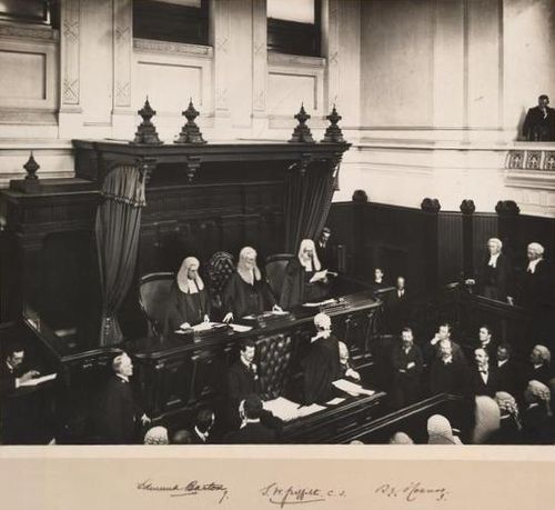The first Chief Justice of Australia, Sir Samuel Griffith, is administered the judicial oath at the first sitting of the High Court, in the Banco Cour