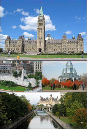 No topo: o Centre Block. Abaixo: o Memorial da Guerra, Galeria Nacional do Canadá, e o Canal Rideau com o Château Laurier.