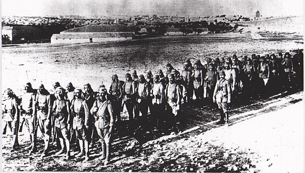 Ottoman infantry column c1917 many wearing Keffiyehs