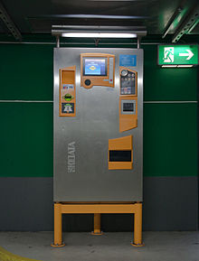 A machine for the pay on foot system. Parkscheinautomat Skidata.jpg