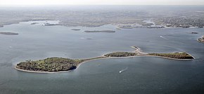 Peddocks Island, with the former Fort Andrews on the left, in East Head.