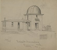 A drawing by A. B. Greene depicts the Pritchett College Morrison Observatory in Glasgow, Missouri in 1875 Pencil Drawing "Pritchett Observatory Glasgow Mo." by A.B. Greene (cropped).jpg