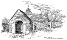 1893 illustration by W. G. Smith of the lychgate, showing carved stones of the dismantled shrine incorporated into the arch Pennant Melangell Lychgate 1893.png