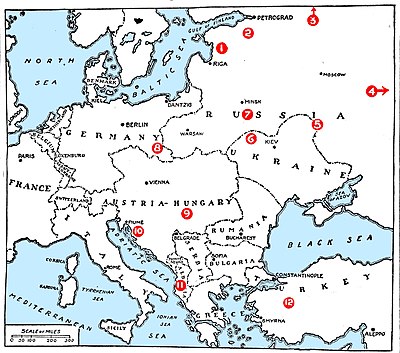 The New-York Tribune printed this map on 9 November 1919, of the armed conflicts in Central and Eastern Europe in 1919, one year after World War I had ended:
Baltic States War of Independence & Russian Civil War
White Army of Yudenich
North Russia intervention
White Army of Kolchak: Siberia
Denikin: White Army
Petliura: Ukrainian directorate
Polish-Soviet War
Silesia tension between the Poles and Germans.
Romanian occupation of Hungary
Gabriele D'Annunzio seizes Fiume, creates the Italian Regency of Carnaro
Promiscuous fighting in Albania
Turkish War of Independence Post WWI Conflict Map In New-York Tribune November 9 1919 Page 26.jpg